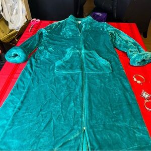 Miss Elaine long full zip plush housecoat/robe warm cozy teal green